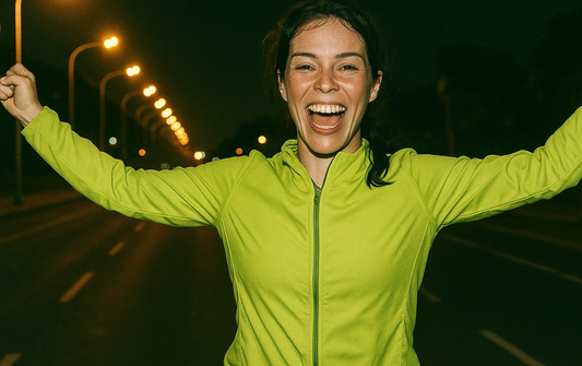 Woman looking happy running at night